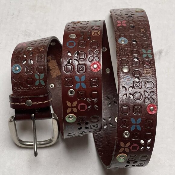 Fossil Leather Belt Brown Boho Western Womens Medium Tooled Studs Fairy Party - Picture 1 of 8